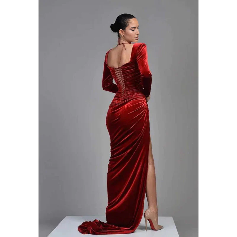 Vestido Weitese de terciopelo con escote cuadrado y mangas largas, vestido de noche largo con abertura para fiesta.